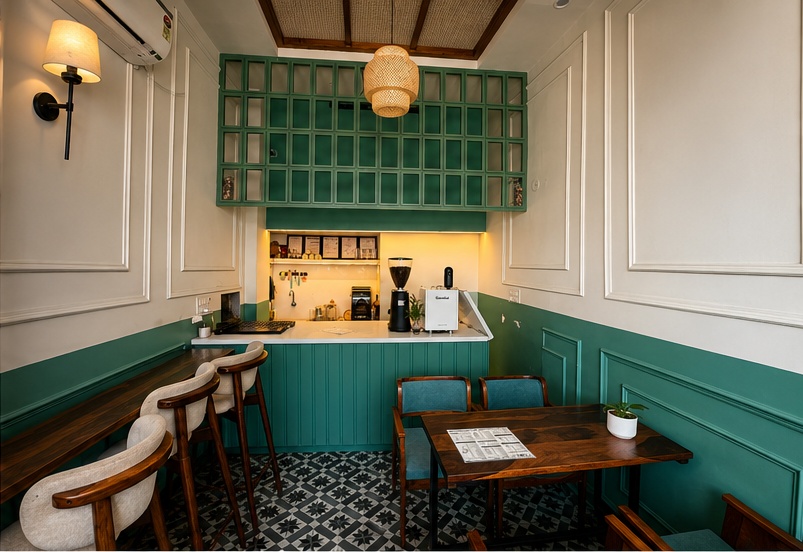 HOB cafe interior — teal counter and patterned tiles